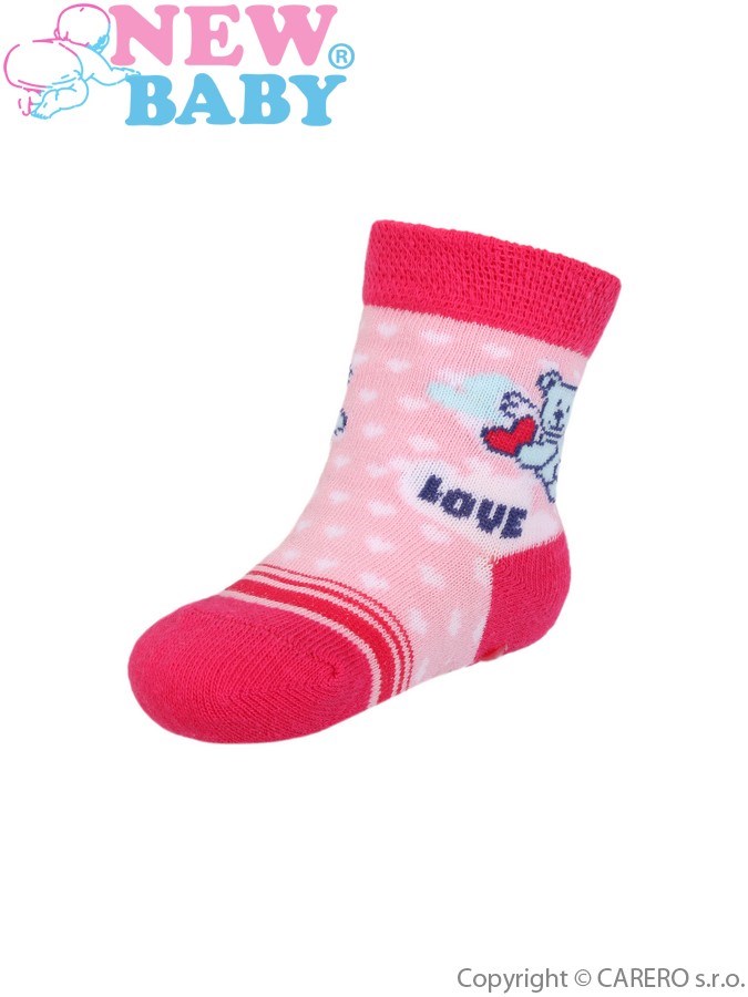 Dojčenské ponožky New Baby s ABS ružovo-červené s medvedíkom love