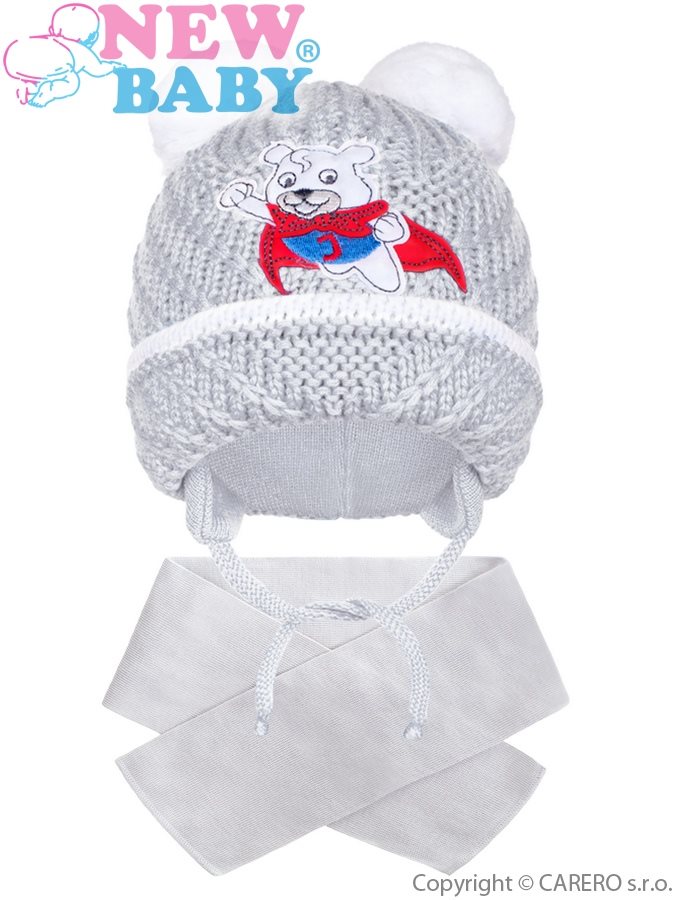 Zimná detská čiapočka so šálom New Baby medvedík J sivá