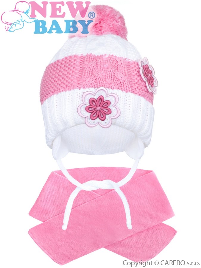 Zimná detská čiapočka so šálom New Baby kvietočky ružová